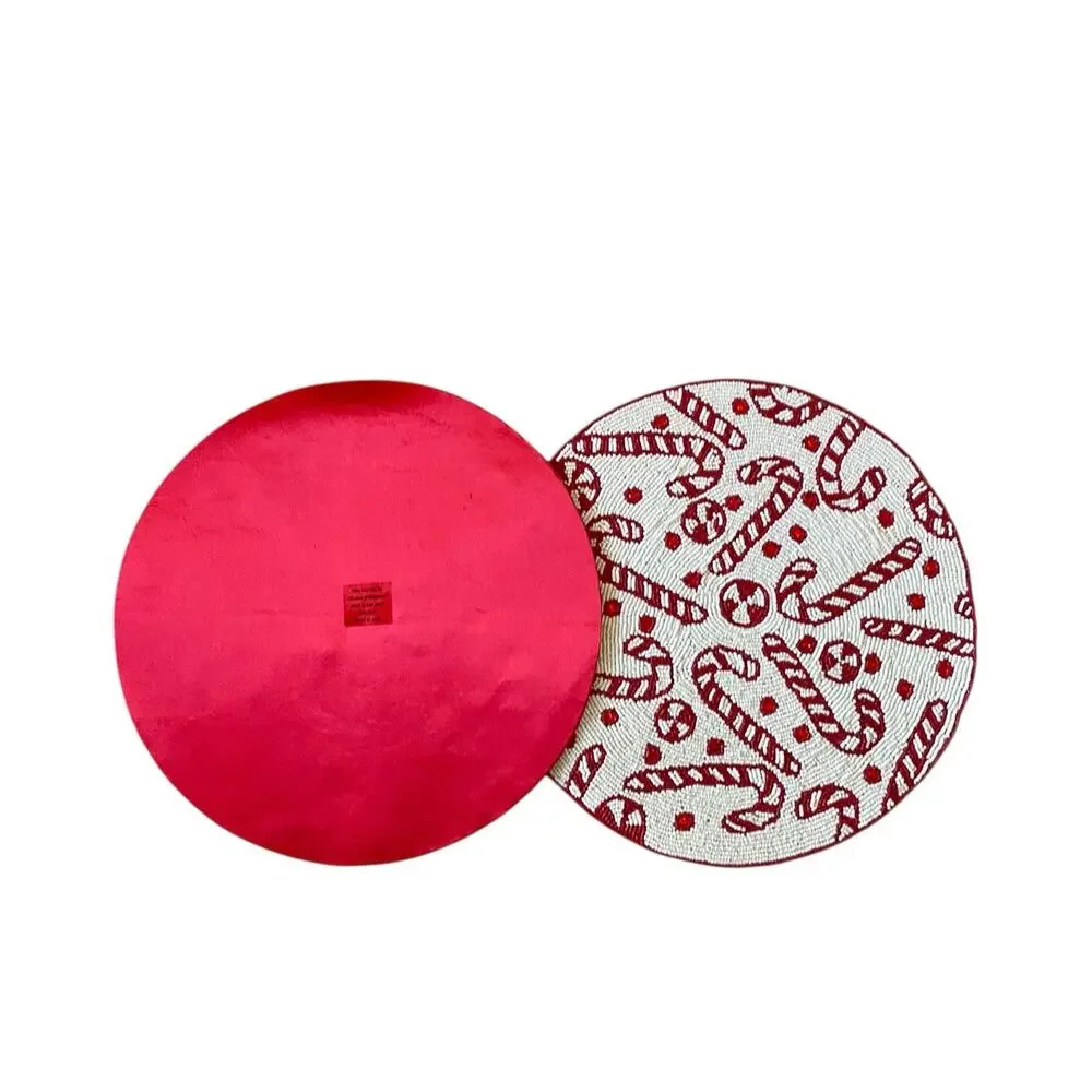 2pc Tahari Candy Cane Beaded Placemats 15in Christmas Holiday Red White New